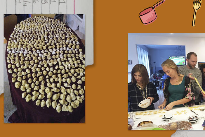 Left: Assembled cappelletti on a table. Right: James Hamilton's niece Julia Griffin (from left), his daughter Anna Hamilton, his son Robert Hamilton, his sister Susan Hamilton Griffin and his brother-in-law, Jim Griffin.