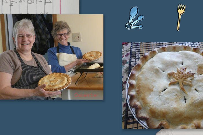 Left: Mona Grandbois and her sister Doris Adeline Grandbois Ray. Right: Tourtière, a French Canadian pork pie.