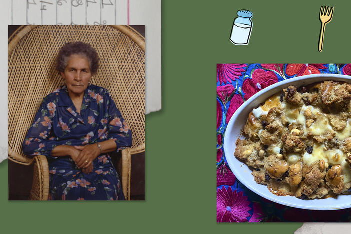 Left: A photo of Grandmother Petra. Right: A dish of capirotada sits on a colorful tablecloth.