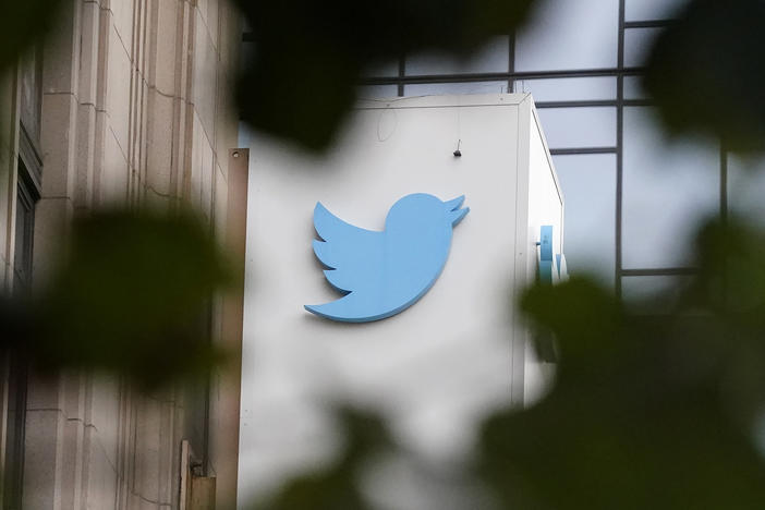 A sign at Twitter headquarters is shown in San Francisco on Dec. 8, 2022.