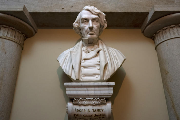 A marble bust of Chief Justice Roger Taney is displayed in the Old Supreme Court Chamber in the U.S. Capitol on March 9, 2020.