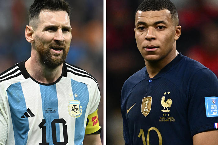 Argentina's forward #10 Lionel Messi in Lusail, north of Doha on December 13, 2022 (L) and France's forward #10 Kylian Mbappe in Al Khor, north of Doha on December 14, 2022.