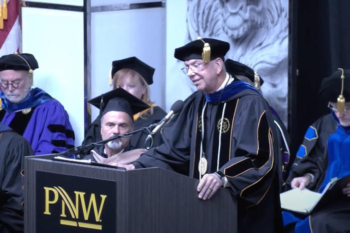 Purdue University Northwest Chancellor Thomas L. Keon mocked Asian languages in a commencement speech Saturday.