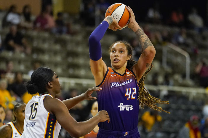 Phoenix Mercury center Brittney Griner plays in a September 2021 game. In her first public comments since being freed from Russia, she says she will play in the next WNBA season.
