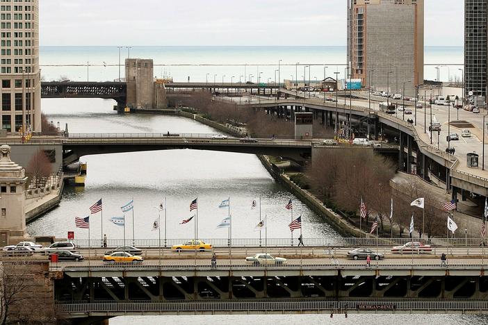 Chicago's Lake Shore Drive, Columbus Drive and Michigan Avenue double-leaf trunnion bascule bridges, top to bottom, are seen over the Chicago River on April 3, 2006.