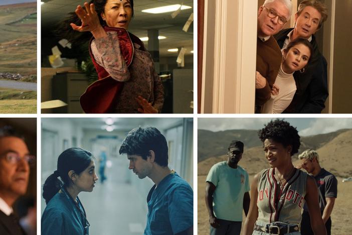 Clockwise from top left: <em>The Banshees of Inisherin, Everything Everywhere All at Once, Only Murders in the Building, Nope, This Is Going to Hurt</em> and <em>The Dropout</em>