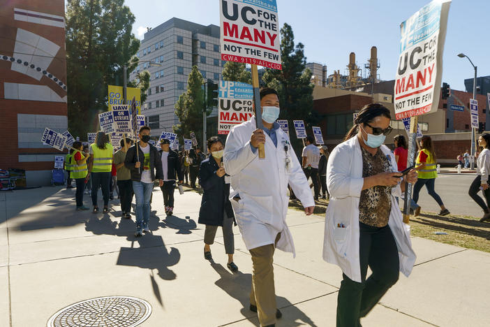 People participate in a protest outside the UCLA campus in Los Angeles on Nov. 14, 2022.
