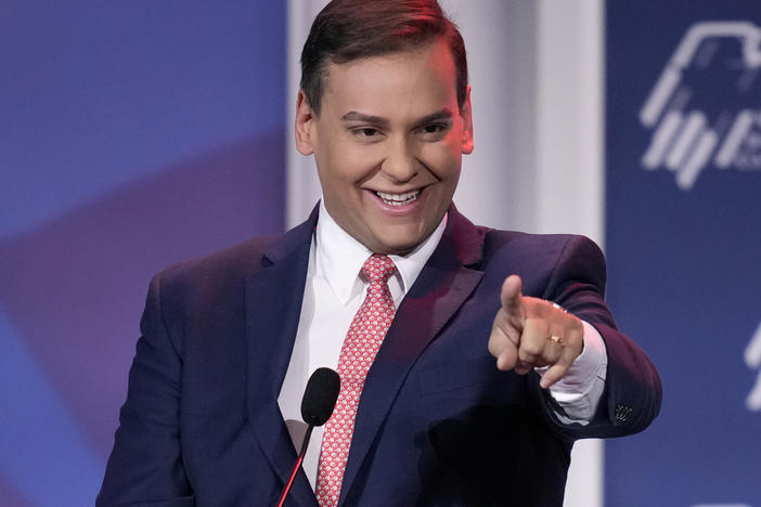Rep.-elect George Santos, R-N.Y., speaks at an annual leadership meeting of the Republican Jewish Coalition on Nov. 19 in Las Vegas.