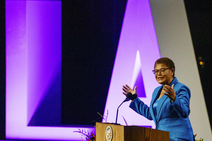 New Los Angeles Mayor Karen Bass speaks during her inaugural address, Sunday, Dec. 11, 2022.