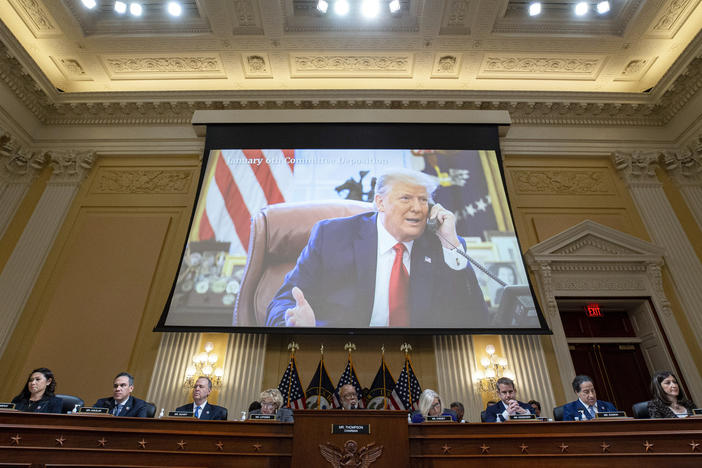A video of former President Donald Trump is shown on a screen as the House select committee investigating the Jan. 6 attack on the U.S. Capitol holds its final meeting on Capitol Hill Monday.