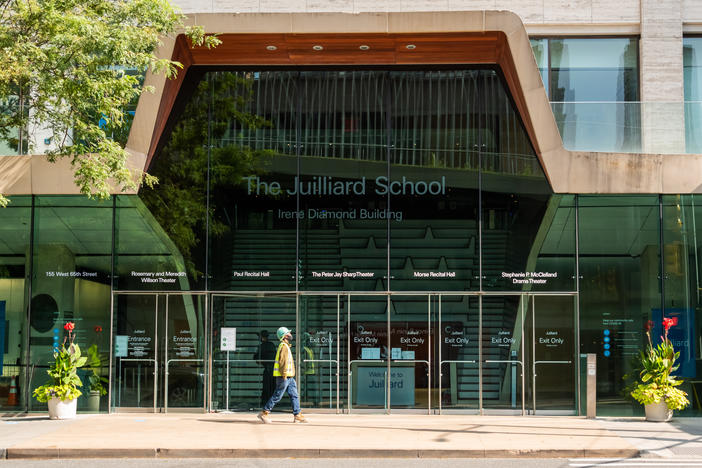 An exterior shot of The Juilliard School in New York City, taken in September 2020.