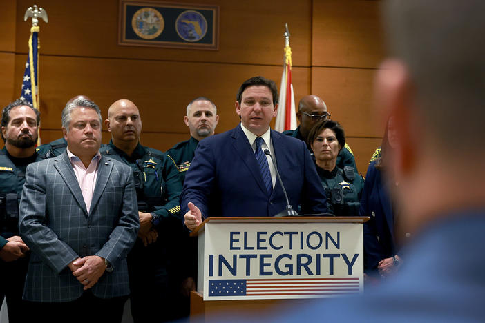 Florida Republican Gov. Ron DeSantis speaks during an Aug. 18 news conference to announce that the state's new Office of Election Crimes and Security was in the process of arresting 20 individuals across the state for voter fraud.