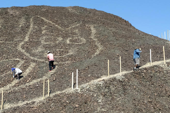 This handout photo provided by Peru's Ministry of Culture-Nasca-Palpa shows a feline figure on a hillside in Nazca, Peru, on Oct. 9, 2020.