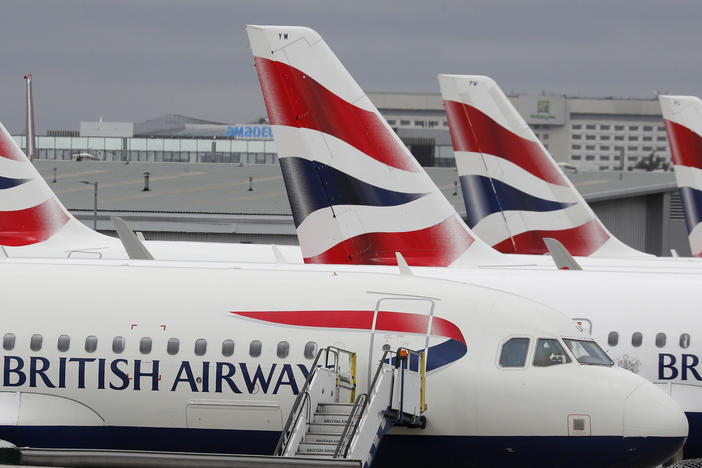 British Airways planes parked at Heathrow Airport's Terminal 5 in London, March 18, 2020.