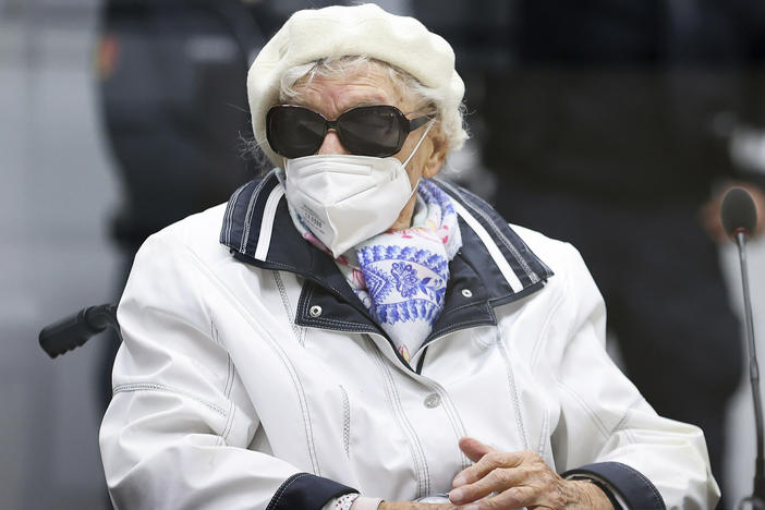 Irmgard Furchner sits in the courtroom at the beginning of the trial day in Itzehoe, Germany, Tuesday, Nov. 9, 2021.