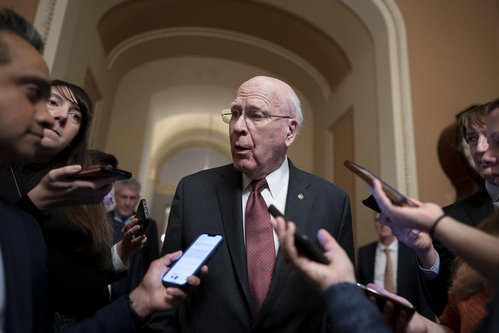 Senate Appropriations Committee Chair Patrick Leahy, D-Vt., speaks with reporters at the U.S. Capitol on Monday about negotiations on the government spending package.