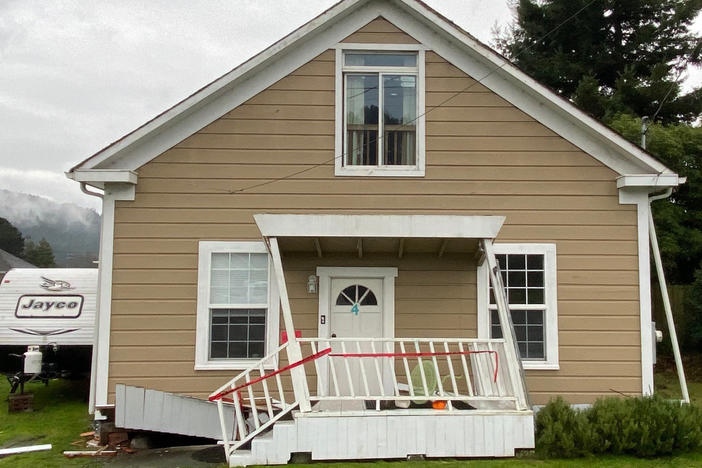 A home is seen damaged after an earthquake in Rio Dell, Calif., Tuesday, Dec. 20, 2022. A powerful earthquake rocked a rural stretch of the Northern California coast early Tuesday, jolting residents awake, cutting off power to 70,000 people, and damaging some buildings and a roadway, officials said. At least 11 injuries were reported.