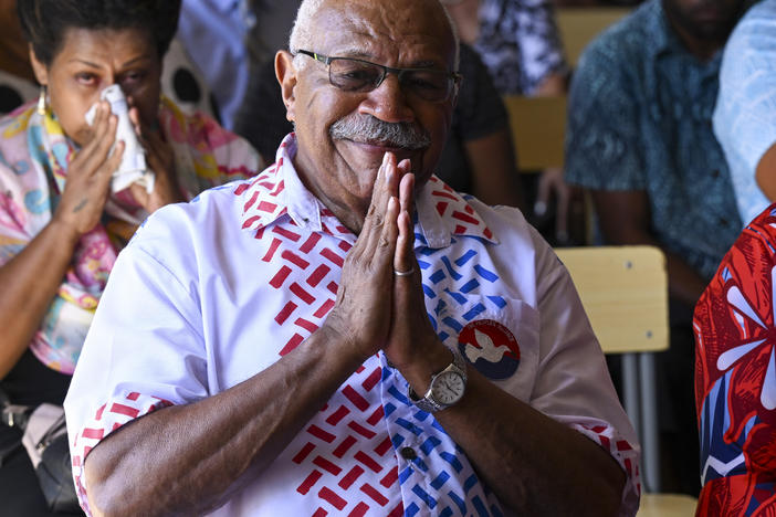 People's Alliance Party leader Sitiveni Rabuka gestures during a church service at the Fijian Teachers Association Hall in Suva, Fiji, Sunday, Dec. 18, 2022.