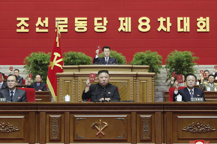 In this photo provided by the North Korean government, North Korean leader Kim Jong Un attends a ruling party congress in Pyongyang on Jan. 12, 2021. North Korean hackers have stolen an estimated 1.5 trillion won ($1.2 billion) in cryptocurrency and other virtual assets in the past five years, South Korea's spy agency said Thursday.