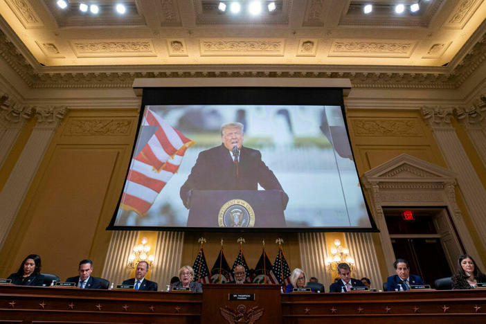 Former President Donald Trump is displayed on a screen during a meeting of the Select Committee to Investigate the Jan. 6 Attack on the U.S. Capitol on Monday.