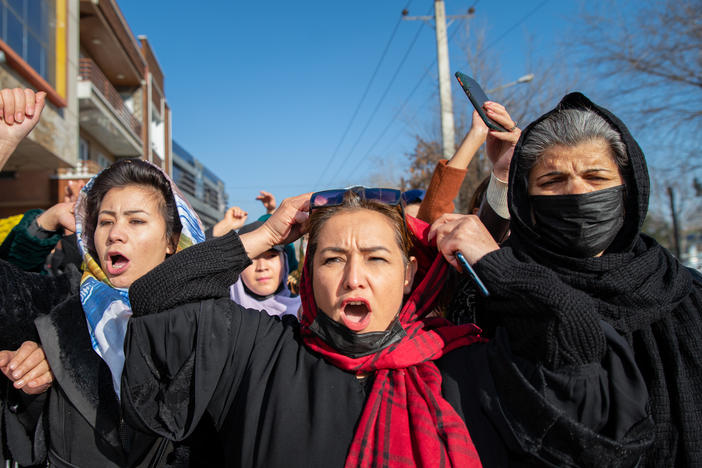 Afghan women protest a new Taliban ban to keep women from studying in university. This demonstration took place on Dec. 22 in Kabul. Now there is added concern about the future of education for girls of all ages, with reports that the Taliban has sent home women who teach in primary schools.
