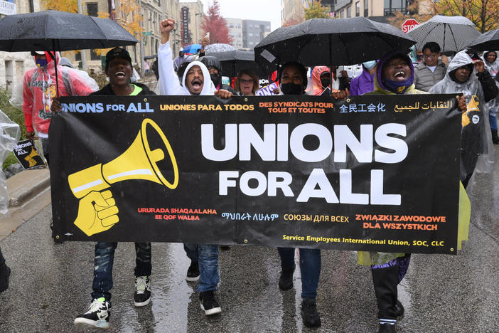 Workers in Milwaukee, Wisconsin, take to the streets in Milwaukee, Wisconsin.