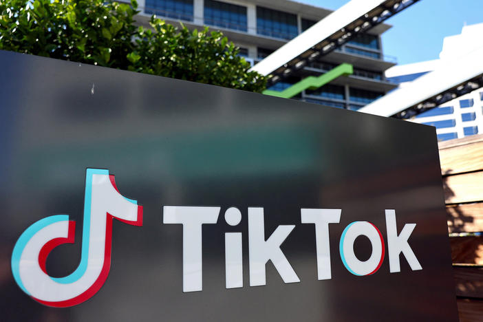 The TikTok logo is displayed outside a TikTok office on December 20, 2022 in Culver City, Calif. Congress passed legislation to ban the popular Chinese-owned social media app from most government devices.