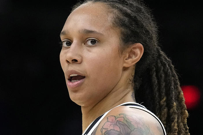 Phoenix Mercury center Brittney Griner is shown during the first half of Game 2 of basketball's WNBA Finals against the Chicago Sky, Oct. 13, 2021, in Phoenix.