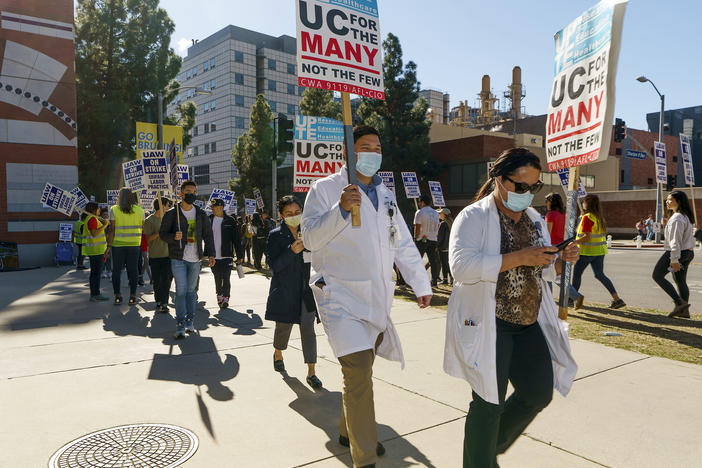 People participate in a protest outside the UCLA campus in Los Angeles on Nov. 14, 2022.