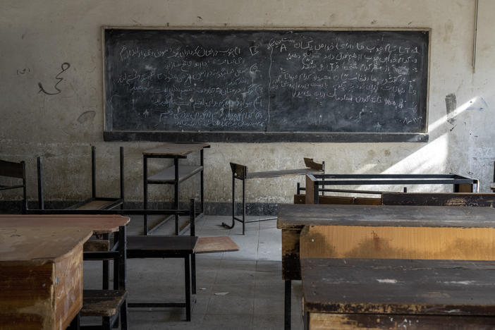 A classroom that previously was used for girls sits empty in Kabul, Afghanistan, Thursday, Dec. 22, 2022. The country's Taliban rulers earlier this week ordered women nationwide to stop attending private and public universities effective immediately and until further notice.