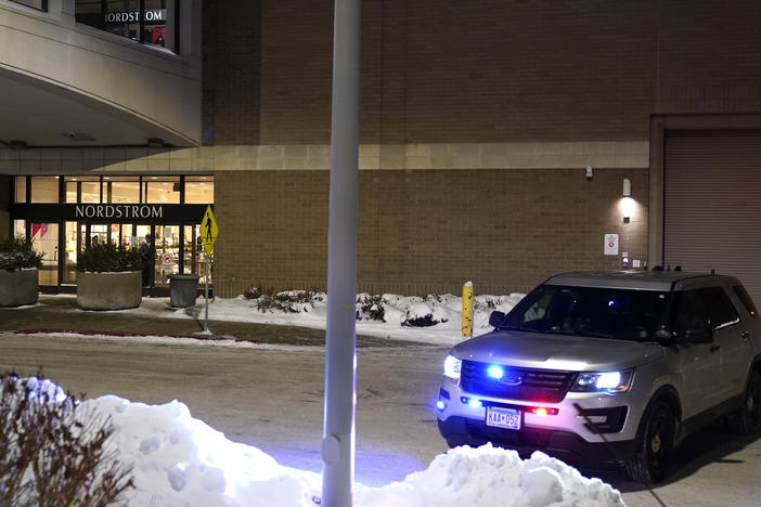 A police car sits parked outside Nordstrom at Mall of America after a shooting Friday, Dec. 23, 2022, in Bloomington, Minn.