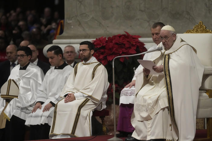 Pope Francis presides over Christmas Eve Mass, at St. Peter's Basilica at the Vatican, Saturday Dec. 24, 2022.