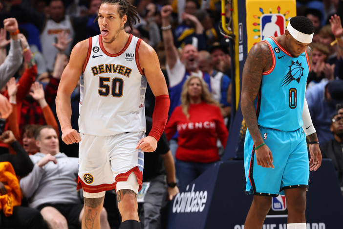 Aaron Gordon #50 of the Denver Nuggets reacts after a play in overtime against the Phoenix Suns at Ball Arena on December 25. Gordon wowed the home fans with an amazing dunk late in overtime.
