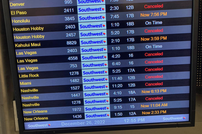 A flight board shows canceled flights at the Southwest Airlines terminal at Los Angeles International Airport on Monday.