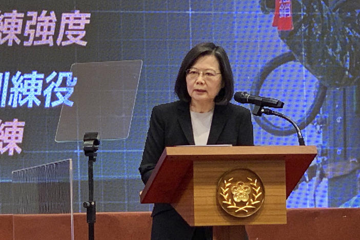 Taiwanese President Tsai Ing-wen speaks during Tuesday's announcement of the extension of the island's compulsory military service.