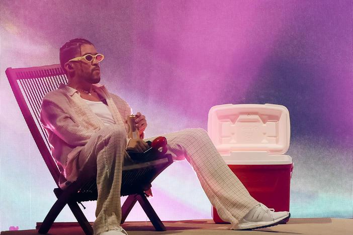 Bad Bunny, performing in Miami  on Aug. 12, 2022. The Puerto Rican superstar's wordplay was front-of-mind for <em>Alt.Latino</em> co-host Anamaria Sayre this year.