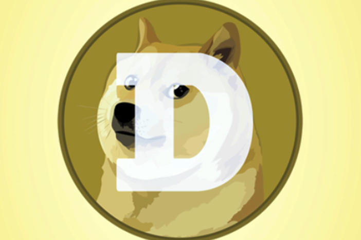 The logo for the cryptocurrency Dogecoin, pictured here in a 2021 screenshot, is one of countless places where an image of the dog Kabosu appears. Her owner says the Shiba Inu is sick with cancer.