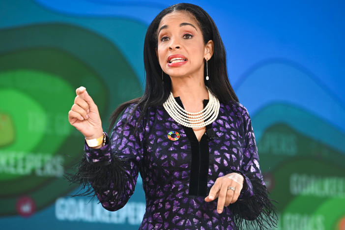 Ndidi Nwuneli speaks at the 2022 Goalkeepers Global Goals Awards, hosted by the Bill & Melinda Gates Foundation in New York City. The event recognizes the work of those who help advance the U.N.'s Sustainable Development Goals in their communities and around the world.