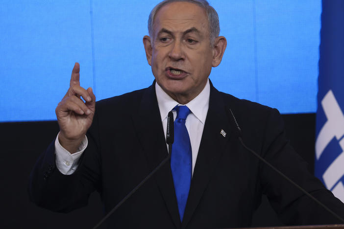 Benjamin Netanyahu, former Israeli Prime Minister and the head of Likud party, speaks to his supporters after first exit poll results for the Israeli Parliamentary election at his party's headquarters in Jerusalem on Nov. 2, 2022.