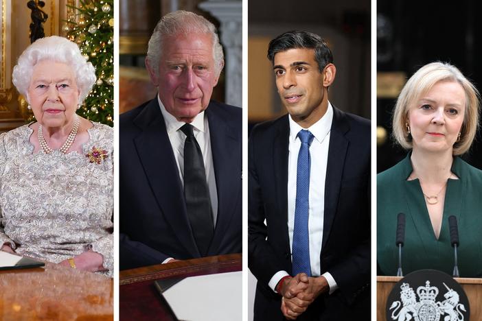 Former U.K Prime Minister Boris Johnson, Queen Elizabeth II, King Charles III, current U.K. Prime Minister Rishi Sunak, and former U.K. Prime Minister Liz Truss.