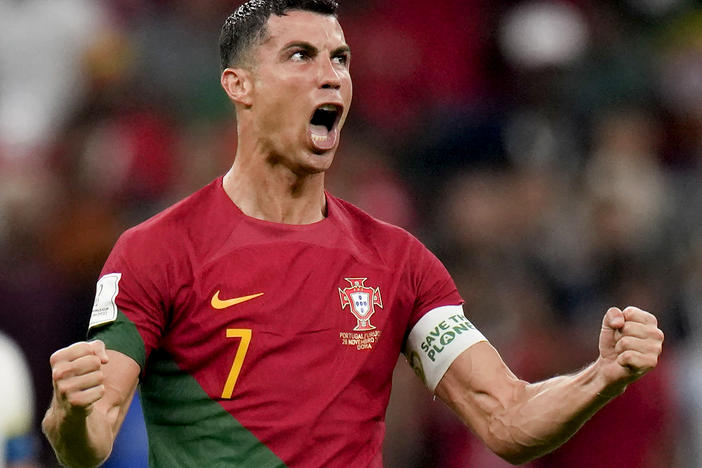 Portugal's Cristiano Ronaldo celebrates his side's opening goal during the World Cup match against Uruguay in Lusail, Qatar on Nov. 28.