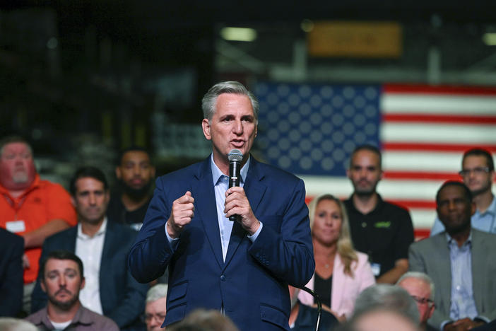 Republican leader Kevin McCarthy, R-Calif., speaks in Monongahela, Pa. on Sept. 23, 2022. McCarthy unveiled a campaign proposal titled "Commitment to America," which includes Republicans' climate change and energy policy proposals.
