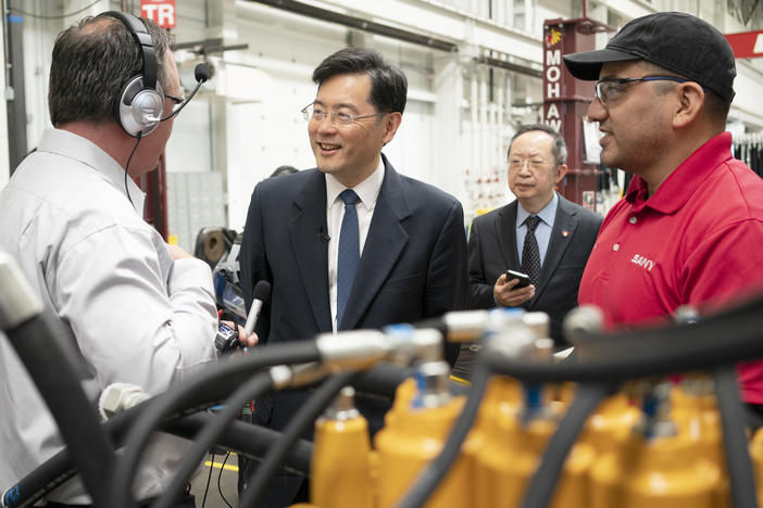 Chinese Ambassador to the US Qin Gang visits the headquarters of Sany America, a Chinese excavator and construction-equipment manufacturer, in Peachtree City, GA on on May 12.