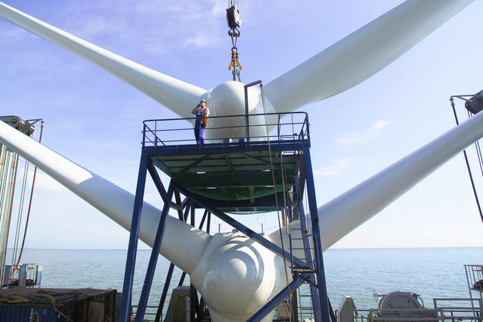 The first nacelles onboard a sea energy "jack-up ship," ready for lifting into place on the Kentish Flats Offshore Wind Farm, off Whitstable, Kent, England.