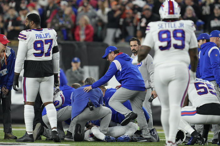 Buffalo Bills' Damar Hamlin is examined during the first half of an NFL football game against the Cincinnati Bengals on Monday in Cincinnati.