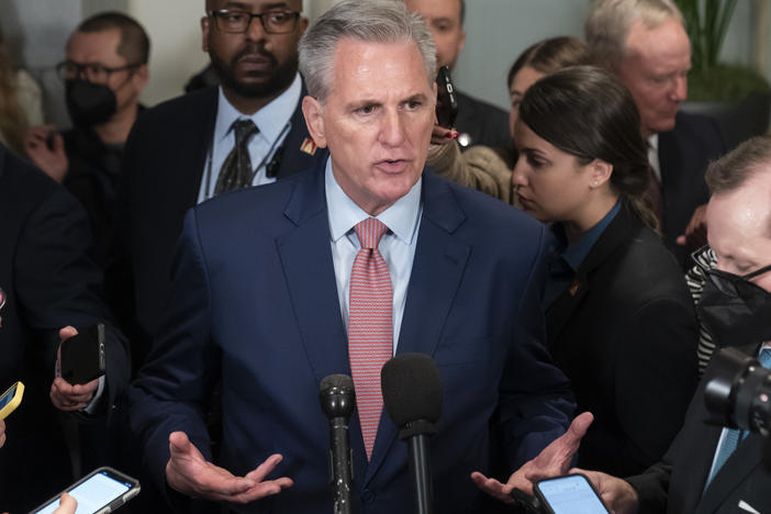 House Republican Leader Kevin McCarthy, R-Calif., speaks after a closed-door meeting Tuesday morning with the GOP conference as he pursues the speaker of the House.