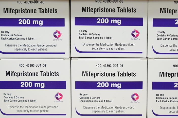 Boxes of the drug mifepristone sit on a shelf at the West Alabama Women's Center in Tuscaloosa, Ala., on March 16, 2022.