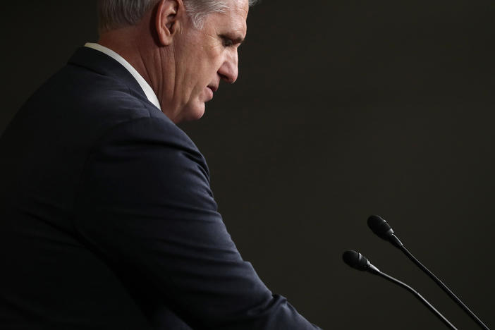 Then-House Minority Leader Kevin McCarthy, R-Calif., talks to reporters during a news conference following a GOP caucus meeting at the U.S. Capitol on Feb. 13, 2019.