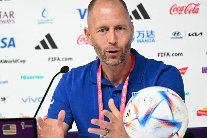 USA coach Gregg Berhalter speaks during a press conference at the Qatar National Convention Center in Doha on December 2, 2022, on the eve of the USA's World Cup soccer match against the Netherlands.