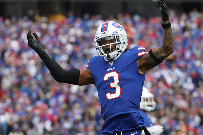 Damar Hamlin of the Buffalo Bills celebrates during a game this season against the Pittsburgh Steelers in New York.